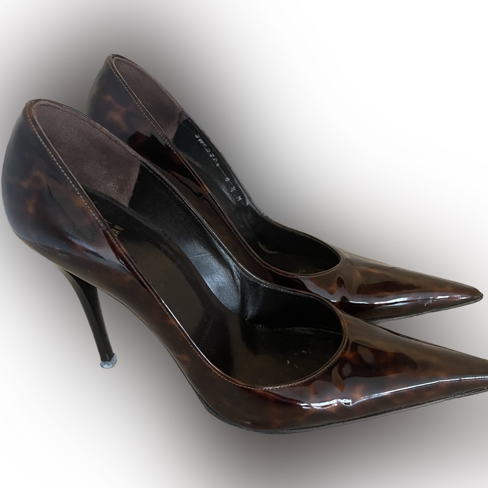 Stuart Weitzman tortoise patent Pointy Toe Platswoon Stiletto